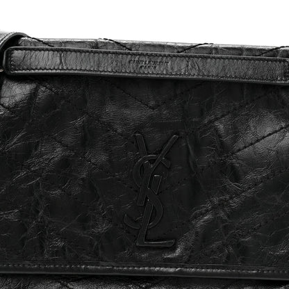 Crinkled Calfskin Matelasse Monogram Medium Niki Chain Satchel Black