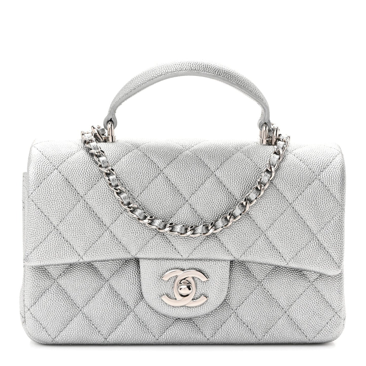 Metallic Caviar Quilted Mini Top Handle Rectangular Flap Silver