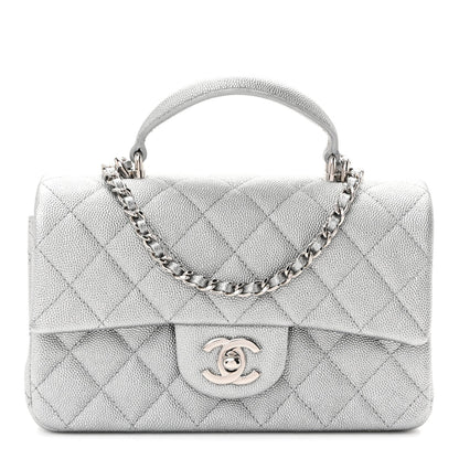Metallic Caviar Quilted Mini Top Handle Rectangular Flap Silver