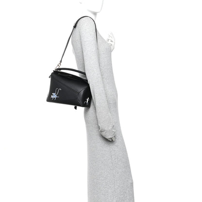X SUNA FUJITA Satin Calfskin Small Lemur Puzzle Edge Bag Black
