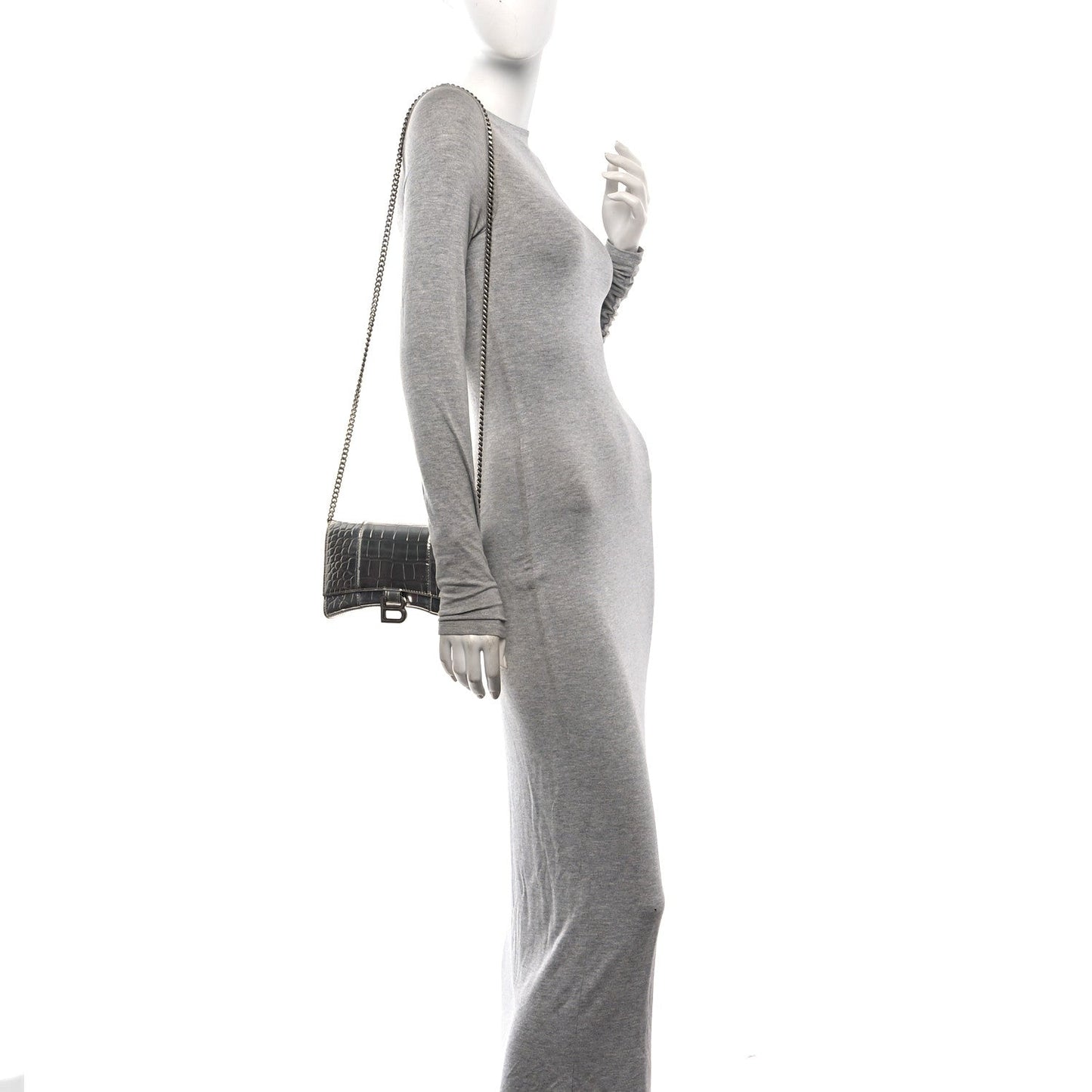 Metallic Calfskin Crocodile Embossed Hourglass Chain Bag Silver
