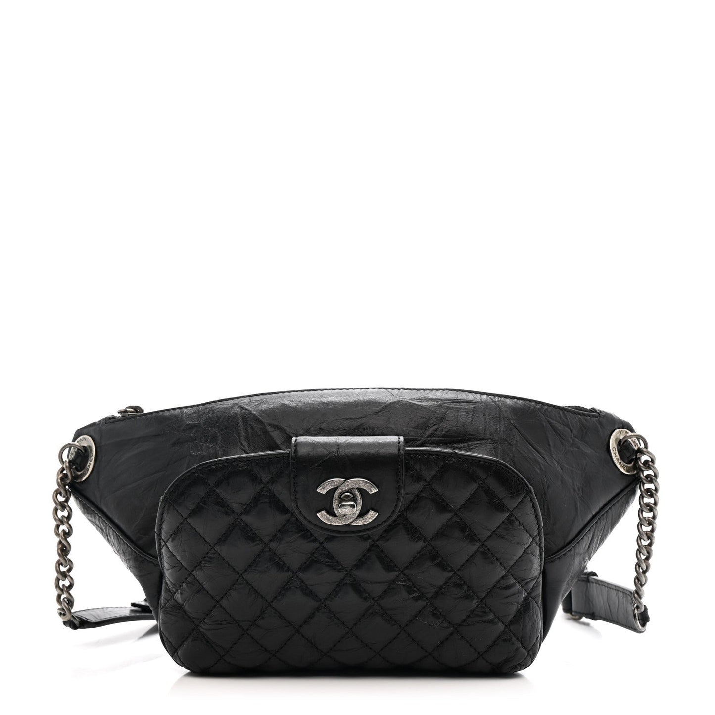 Crumpled Calfskin Quilted Casual Rock Waist Bag Fanny Pack Black