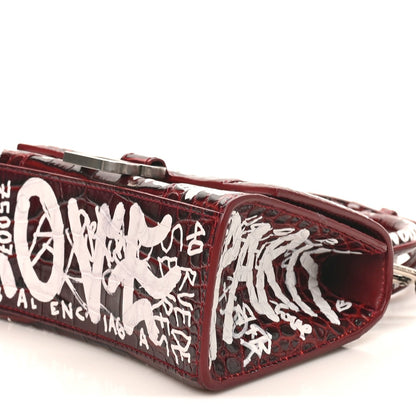 Crocodile Embossed Calfskin Graffiti Hourglass Top Handle Bag XS Dark Red White
