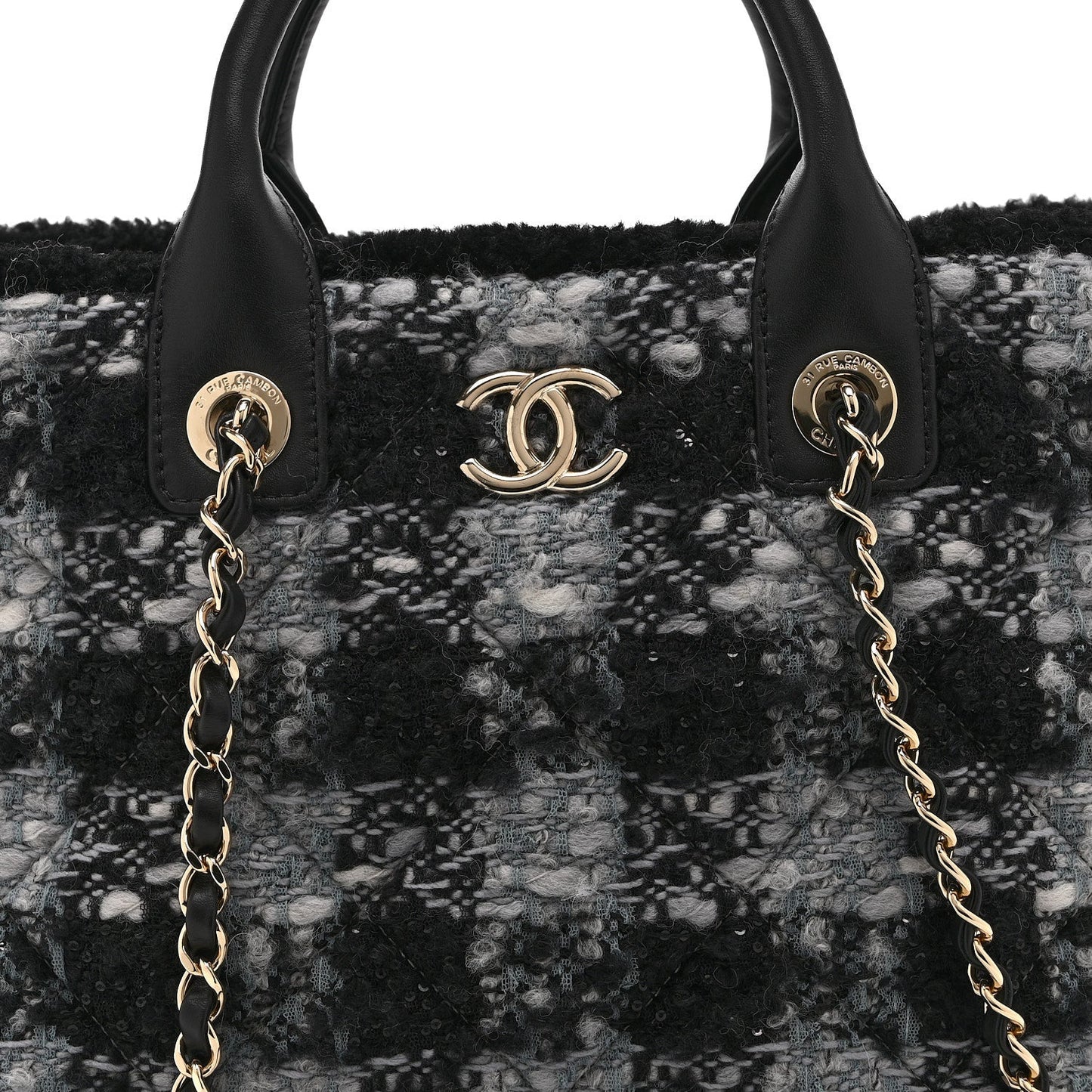 Tweed Shearling Quilted Lambskin Shopping Tote  Black Grey