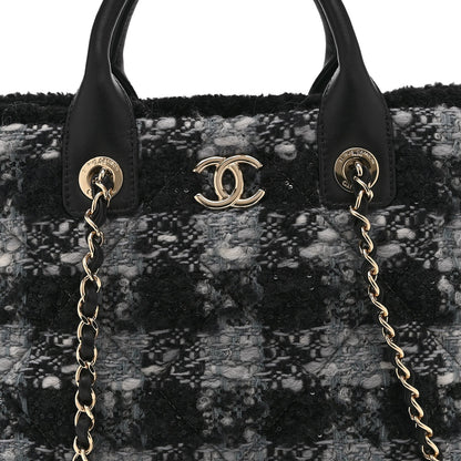 Tweed Shearling Quilted Lambskin Shopping Tote  Black Grey