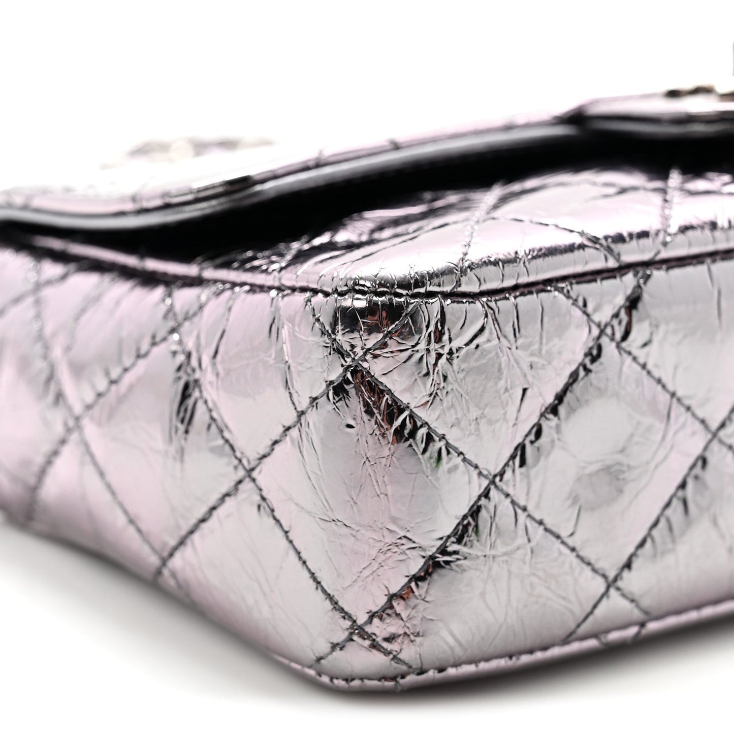 Crumpled Metallic Calfskin Quilted Ring Handle Mini Flap Silver