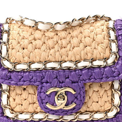 Raffia Chain Venice Beach Mini Flap Bag Beige Purple