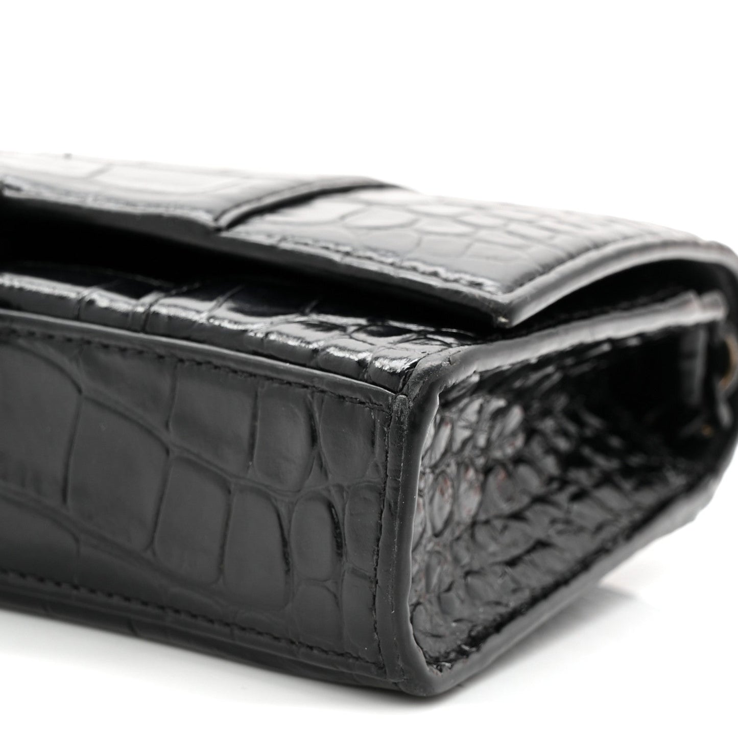 Shiny Calfskin Monochrome Crocodile Embossed Hourglass Chain Bag Black