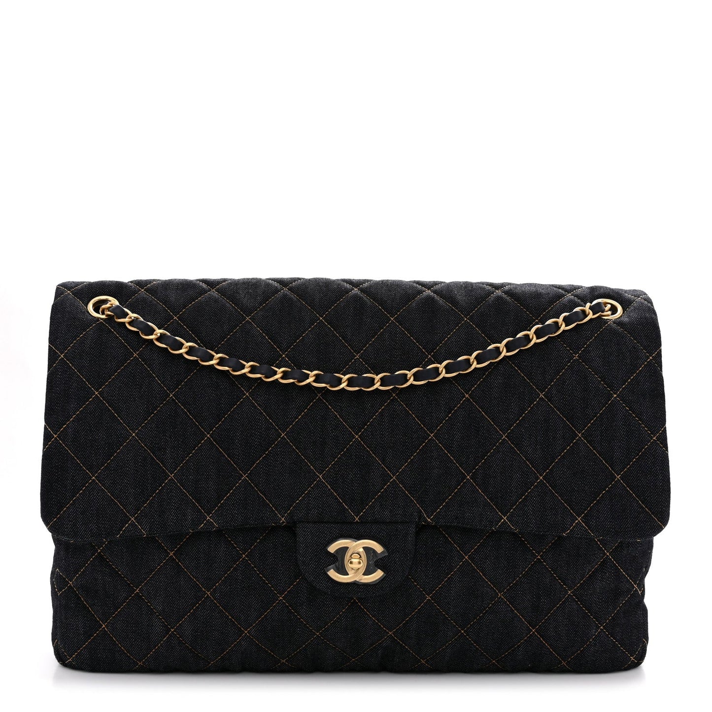 Denim Quilted XXL Travel Flap Bag Dark Blue Orange