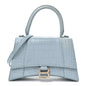 Shiny Calfskin Crocodile Embossed Small Hourglass Top Handle Bag Blue Grey