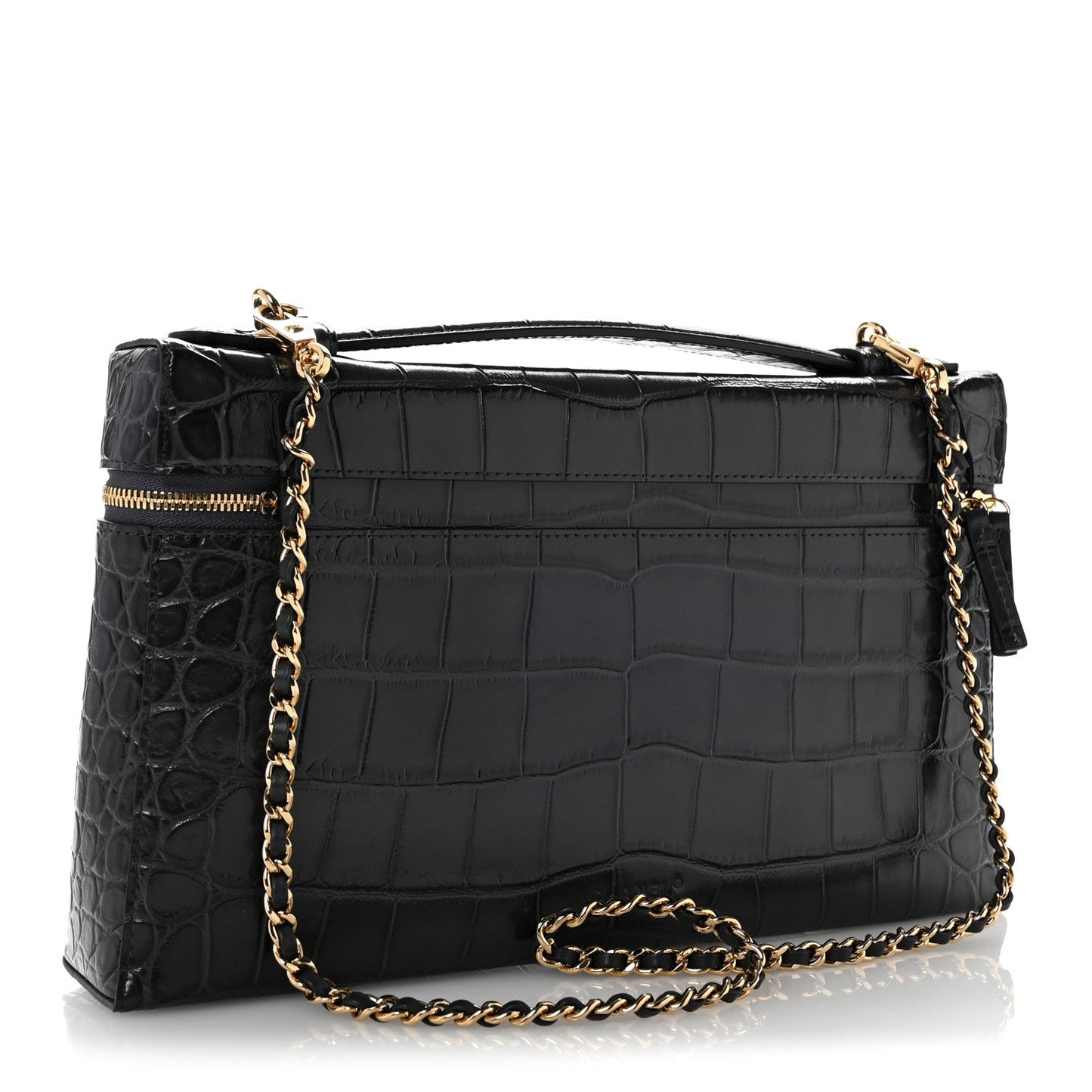 Calfskin Crocodile Embossed Large Top Handle Slim Vanity Case With Chain  Grey