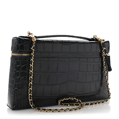 Calfskin Crocodile Embossed Large Top Handle Slim Vanity Case With Chain  Grey