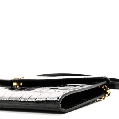 Calfskin Crocodile Embossed Envelope Clutch With Strap Black