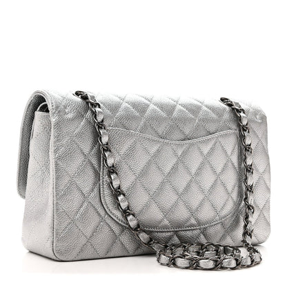 Metallic Caviar Quilted Medium Double Flap Silvery