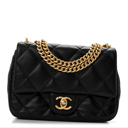 Shiny Lambskin Quilted Mini Sweetheart Flap Black