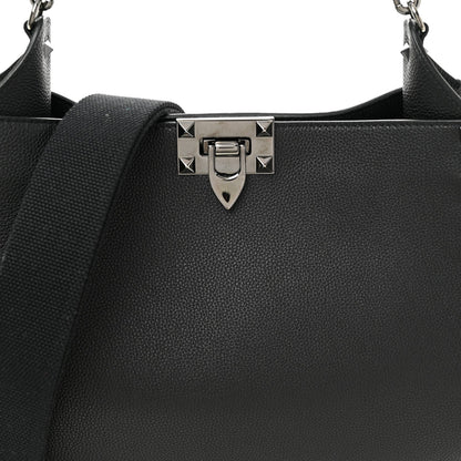 Grained Calfskin Rockstud Hobo Shoulder Bag Black