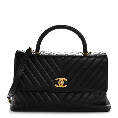 Calfskin Lizard Chevron Quilted Medium Coco Handle Flap Black