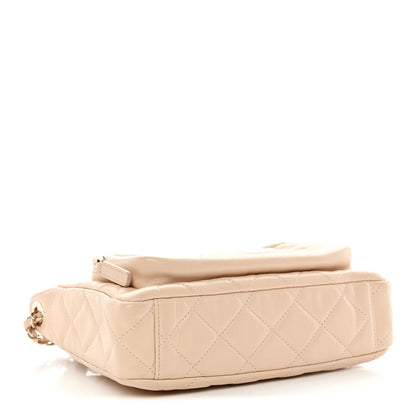 Shiny Crumpled Lambskin Quilted Small Preppy Pocket Clutch With Chain Beige