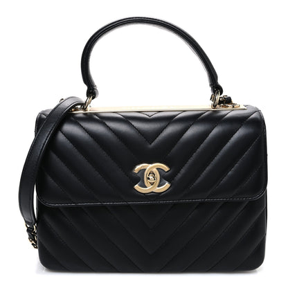 Lambskin Chevron Quilted Small Trendy CC Flap Dual Handle Bag Black