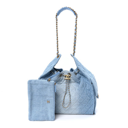 Washed Denim Quilted Medium Chanel 25 Handbag Blue