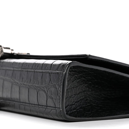 Calfskin Crocodile Embossed Medium Classic Monogram Kate Tassel Satchel Black