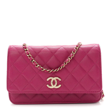 Caviar Quilted Chain Embossed CC Wallet On Chain WOC Fuchsia