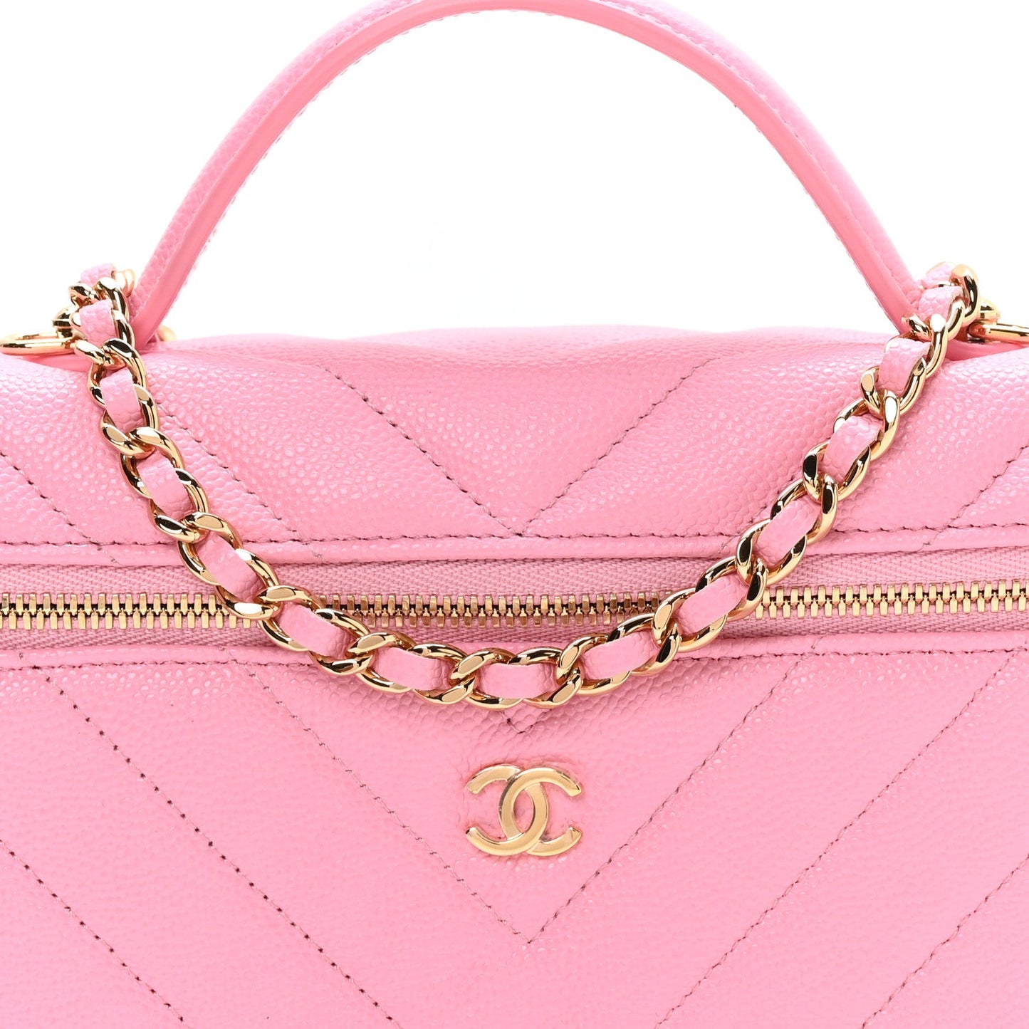 Shiny Caviar Chevron Quilted Top Handle Vanity With Chain Rose