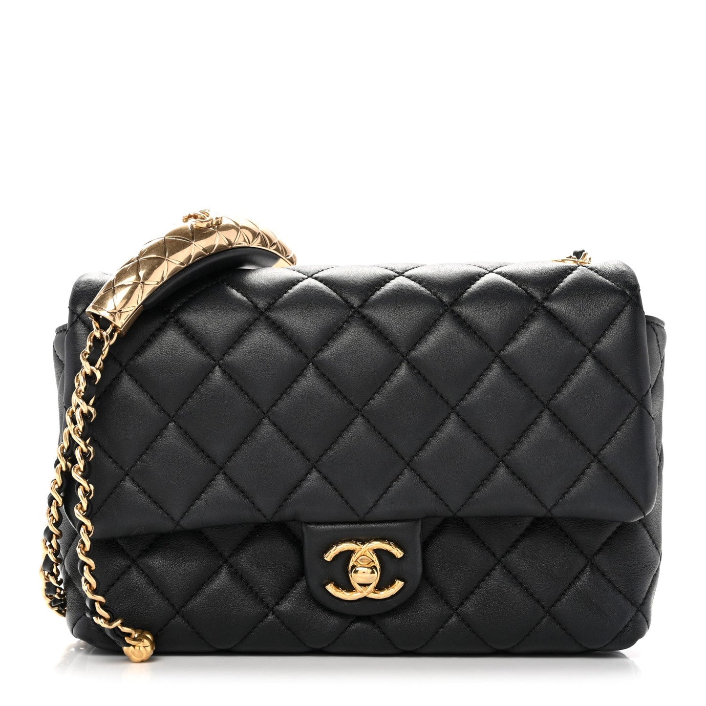 Lambskin Quilted Mini Quilted Handle Crush Flap Black