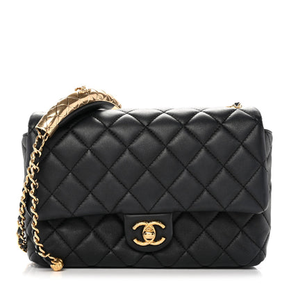 Lambskin Quilted Mini Quilted Handle Crush Flap Black