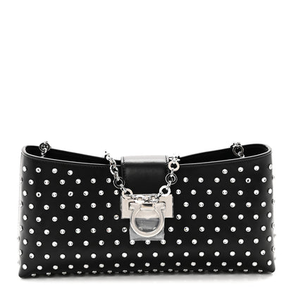 Calfskin Studded Trifolio Shoulder Bag Black