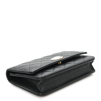 Caviar Quilted Crystal Heart CC Wallet On Chain WOC Black
