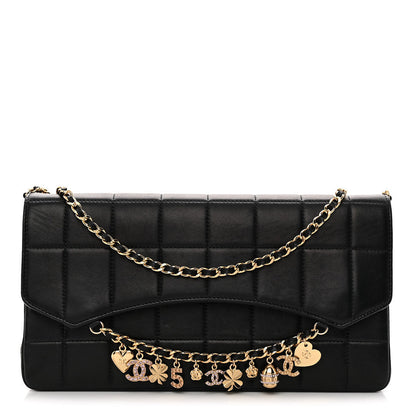 Lambskin Quilted Crystal Chocolate Bar Charm Flap Black
