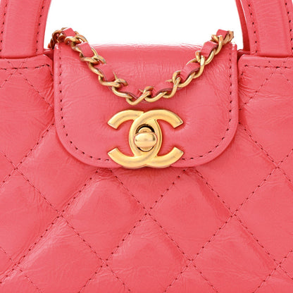 Shiny Aged Calfskin Quilted Mini Nano Kelly Shopper Dark Pink