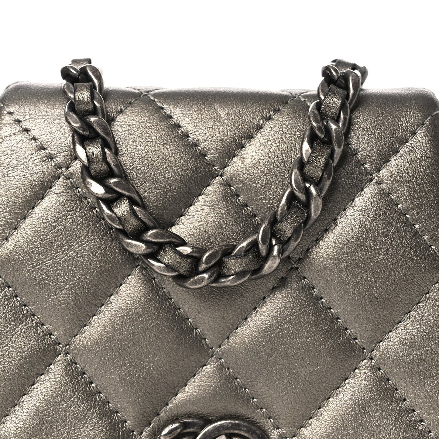 Metallic Calfskin Quilted Mini Coco Mail Clutch Ruthenium
