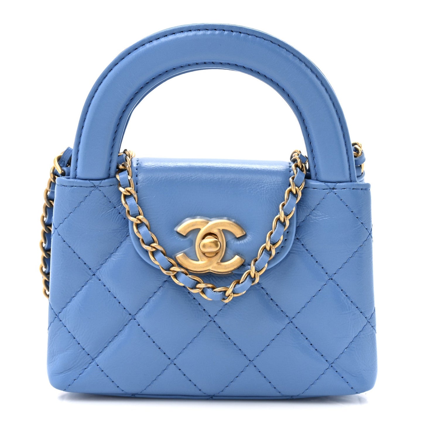 Shiny Aged Calfskin Quilted Mini Nano Kelly Shopper Blue