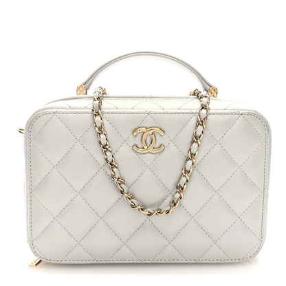Metallic Lambskin Quilted Top Handle Vanity Case Silver