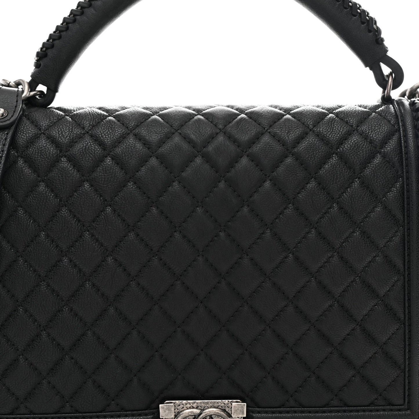 Calfskin Quilted Large Boy Top Handle Flap Black