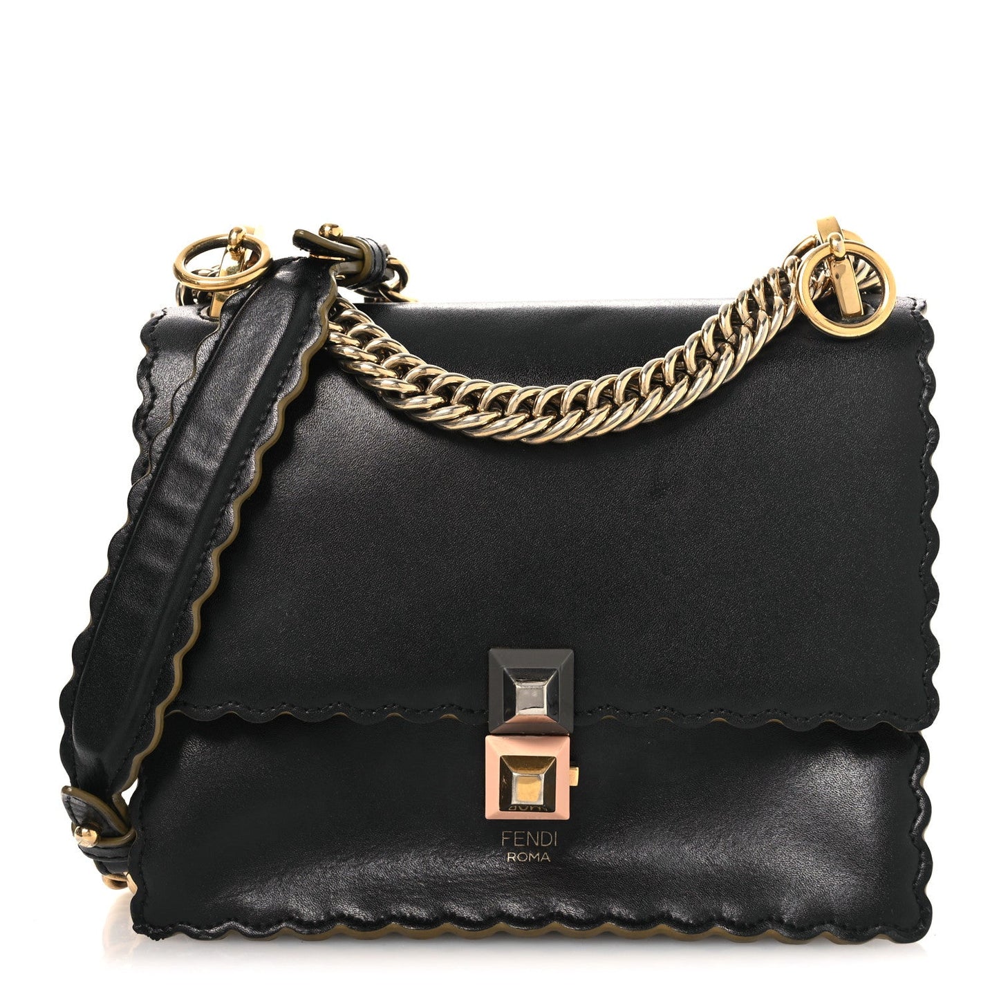 Vitello Liberty Scalloped Studded Small Kan I Shoulder Bag Black