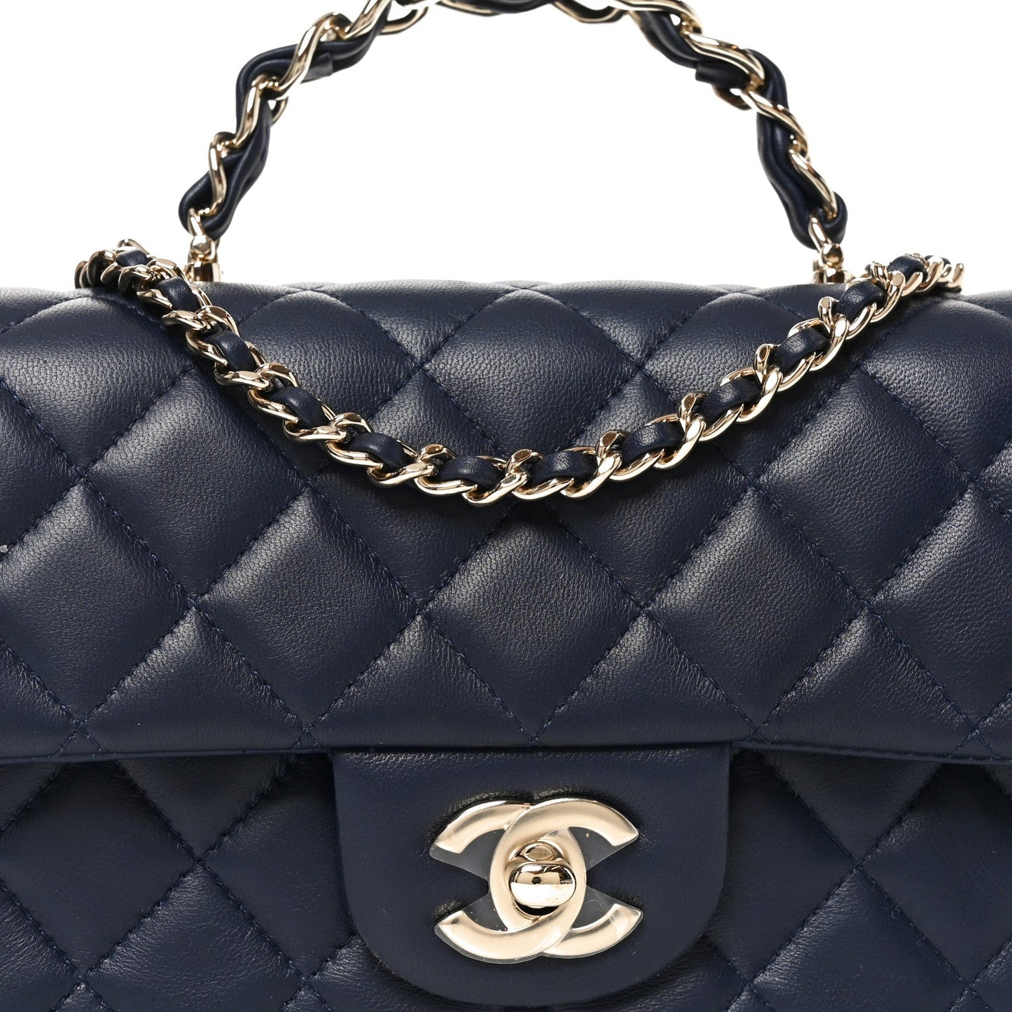 Lambskin Quilted Mini Chain Top Handle Rectangular Flap Navy