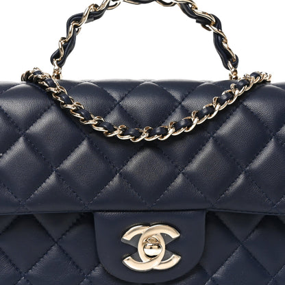 Lambskin Quilted Mini Chain Top Handle Rectangular Flap Navy