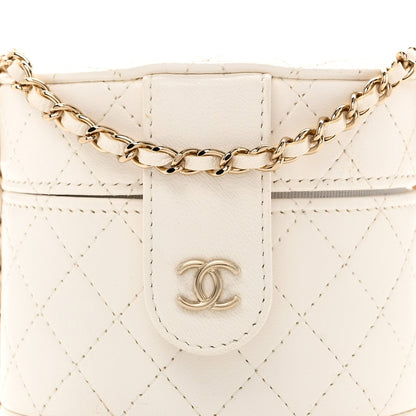 Lambskin Quilted Round Mini Vanity Case With Chain White
