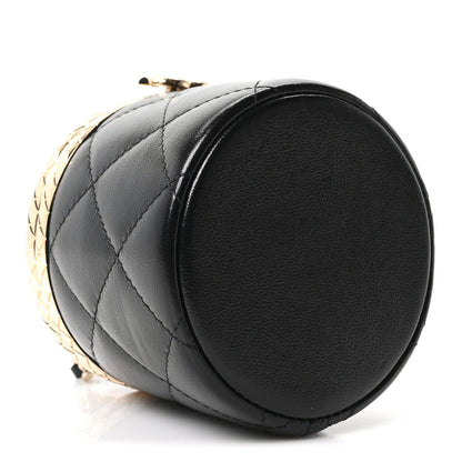 Metal Lambskin Quilted Mini Lock Frame Vanity Clutch Black