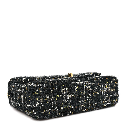 Tweed Sequin Small Single Flap Black Silvery Golden