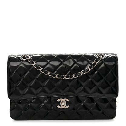 Glazed Calfskin Quilted Medium Double Flap Black