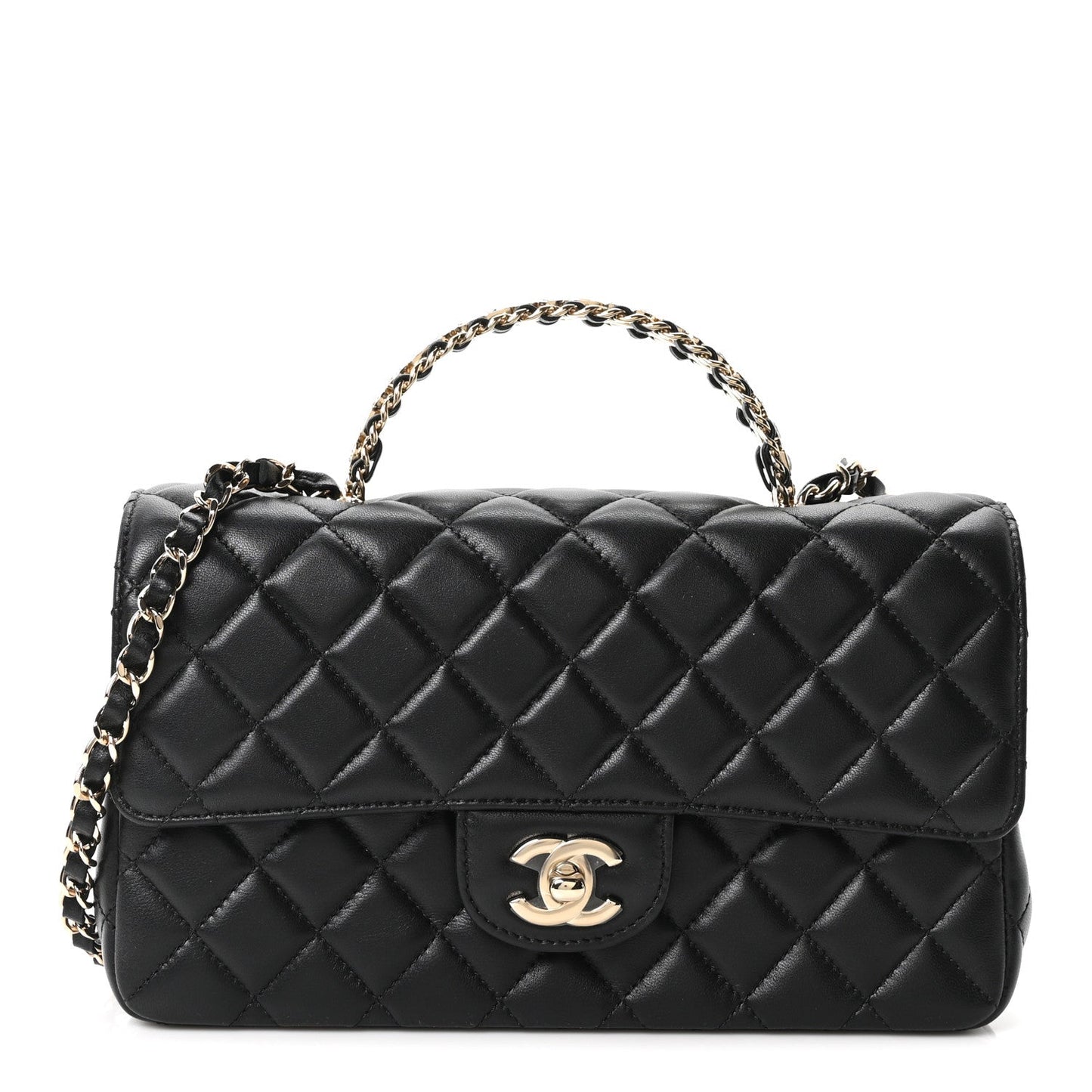 Lambskin Quilted Crystal Top Handle Small Rectangular Flap Black