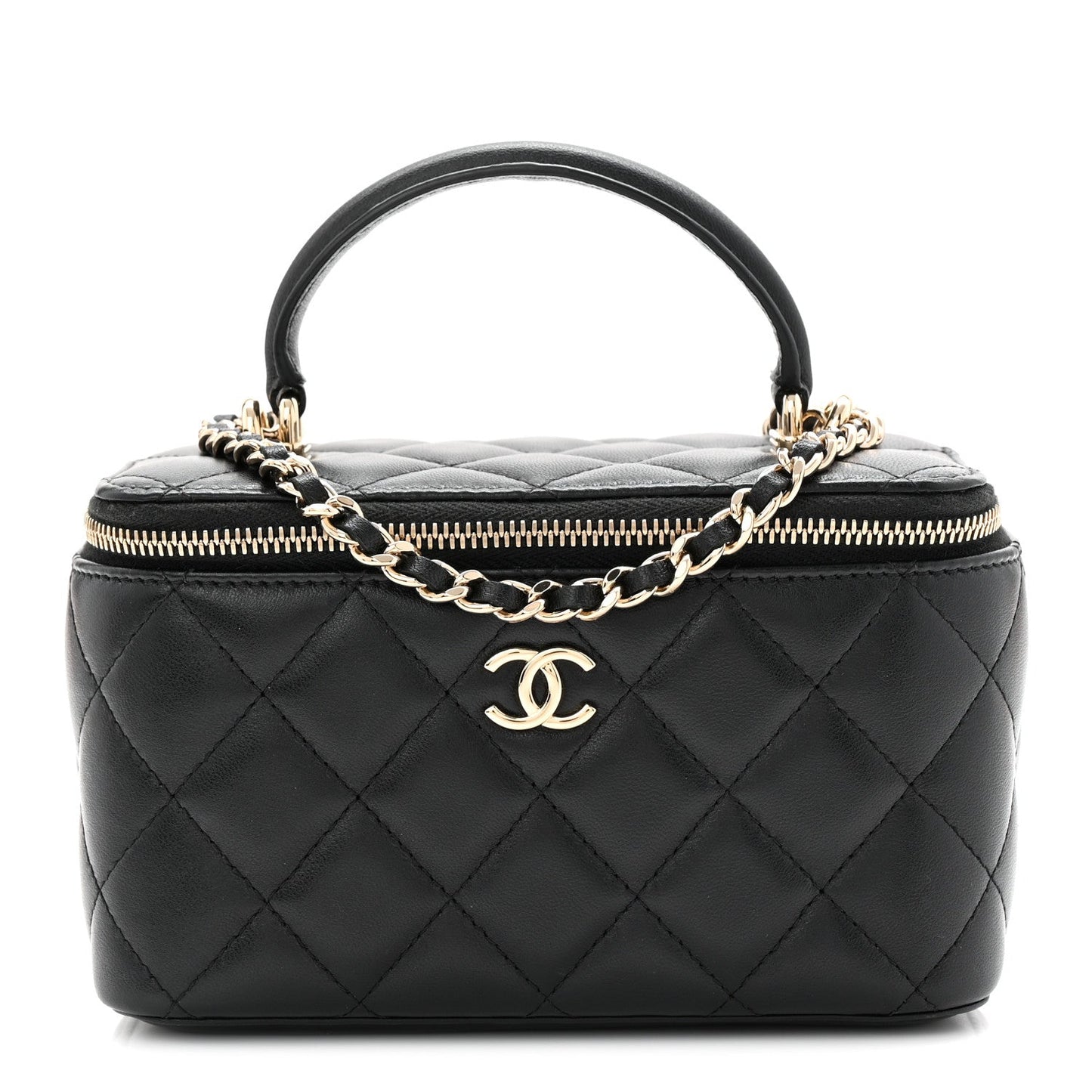 Lambskin Quilted Small Top Handle Vanity Case With Chain Black
