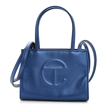 Metallic Vegan Leather Small Shopping Bag Cobalt
