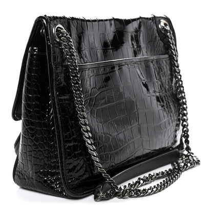 Patent Crocodile Embossed Lambskin Monogram Medium Niki Chain Satchel Black