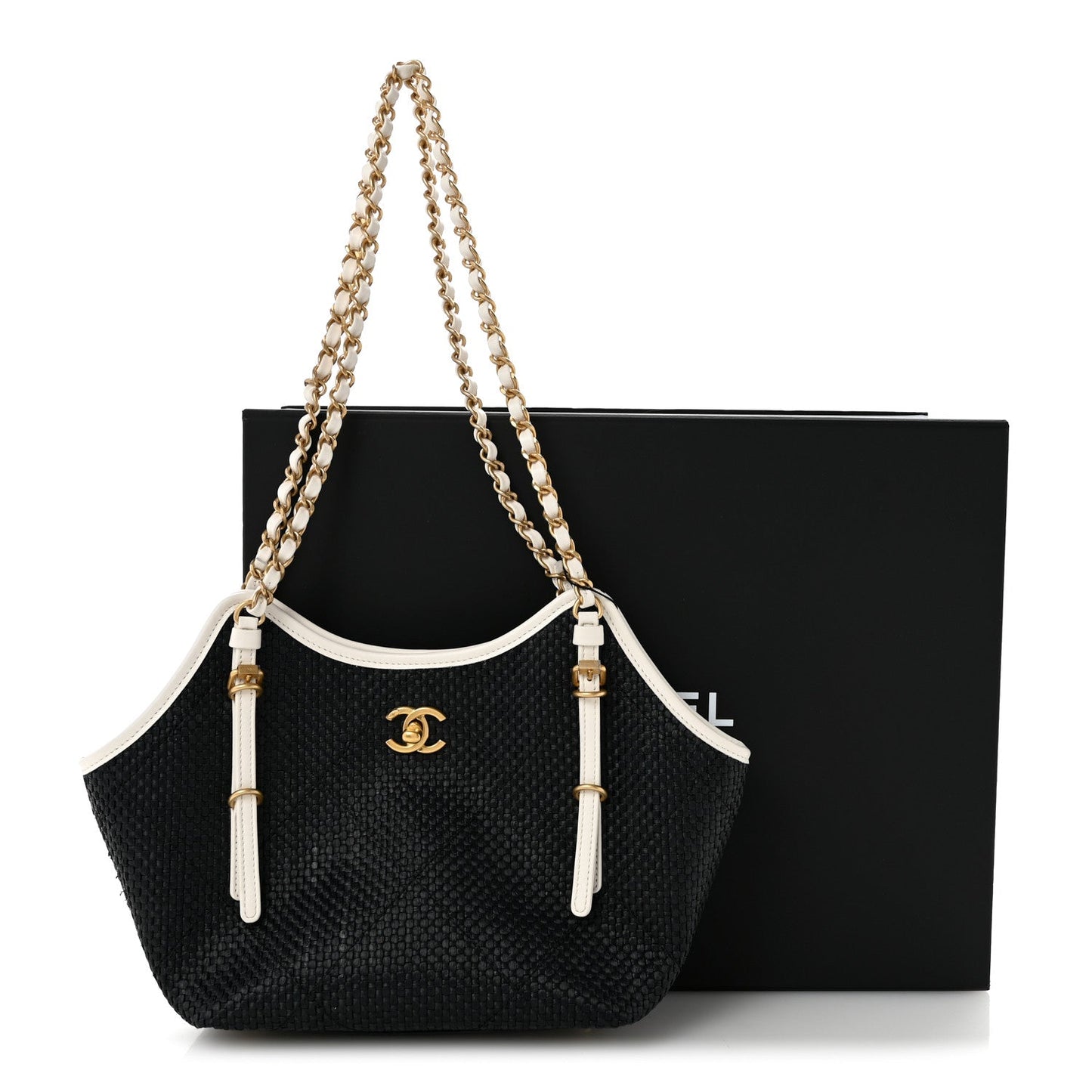 Braided Raffia Calfskin Stitched Small Shopping Tote Black White