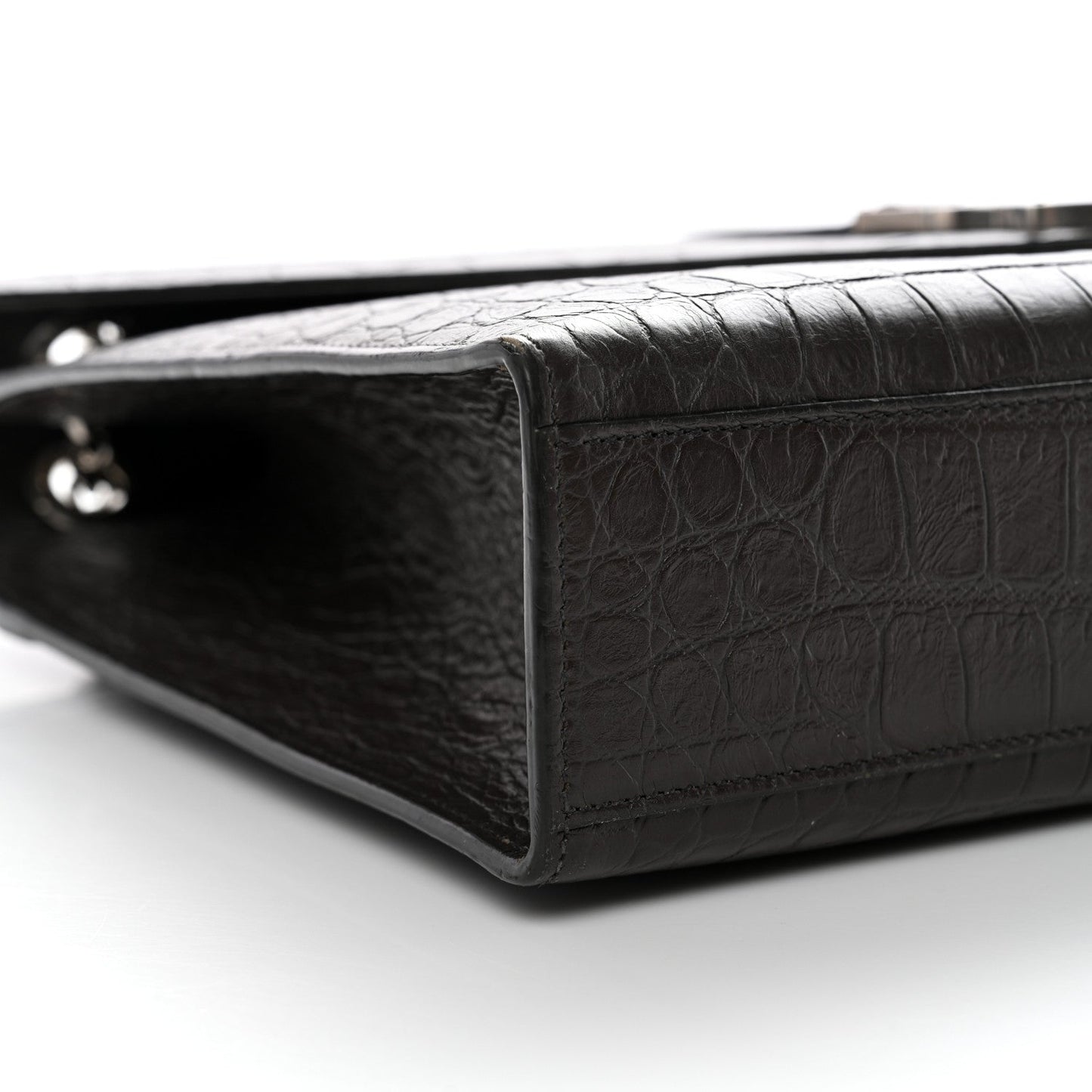 Calfskin Crocodile Embossed Large Monogram Satchel Dark Brown
